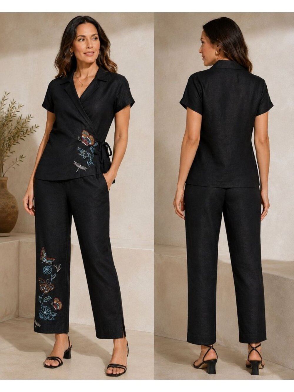 Mercer & Madison Woman Black Linen Blend Embroidered 2-Piece Set Wrap Top & Pant